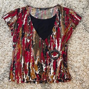 Notations Red‎ and Brown Abstract Short Sleeve Top